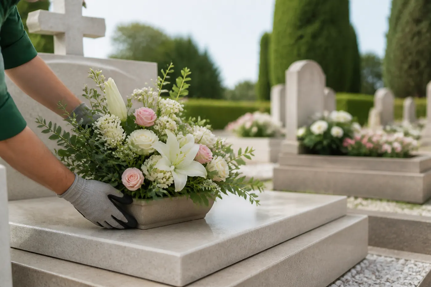 Composition florale déposée avec soin sur une sépulture entretenue